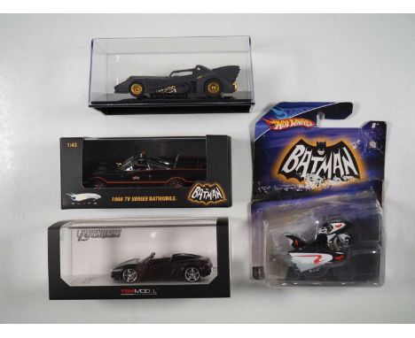 A group of 1:43 scale models by HOTWHEELS ELITE and TSM, comprising, TSM Avengers Acura NSX, HOTWHEELS 1966 and 1989 Batmobil