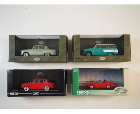 A group of 1:43 scale models by EBBRO, comprising of a Toyopet PT20, Toyopet Crown DX, Toyopet Masterline and a Toyota Sports