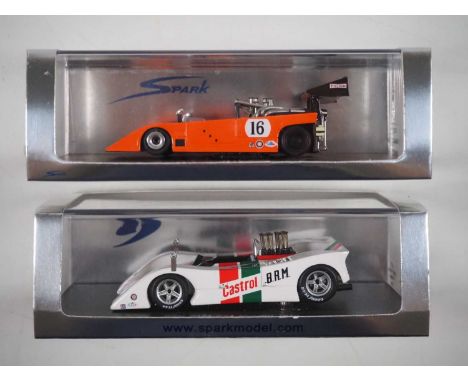 A pair of 1:43 scale hand built resin models of Can-Am racing cars by SPARK (MINIMAX), comprising of a BRM P154 No 98, Mospor