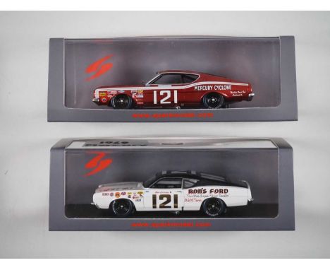 A pair of 1:43 scale hand built resin models of NASCAR racing cars by SPARK (MINIMAX), comprising of a Ford Torino, No 121 wi