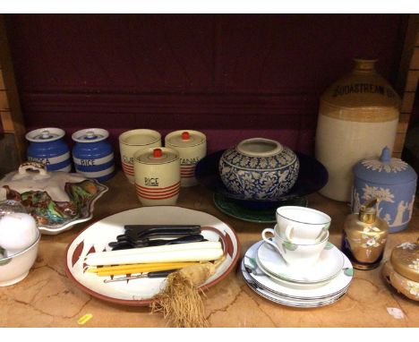 Art Deco Mintons and Green &amp; Co culinary pots plus Sodastream salt glazed flagon, black china cat sculpture, ships decant