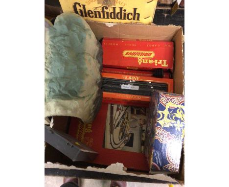 Wicker picnic hamper, together with a box of books and a box of Triang railways and other sundries