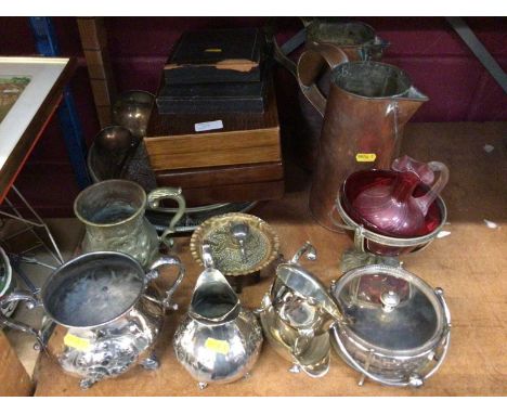 Selection of plated ware and metal trunk and jardiniere together with box of glasses