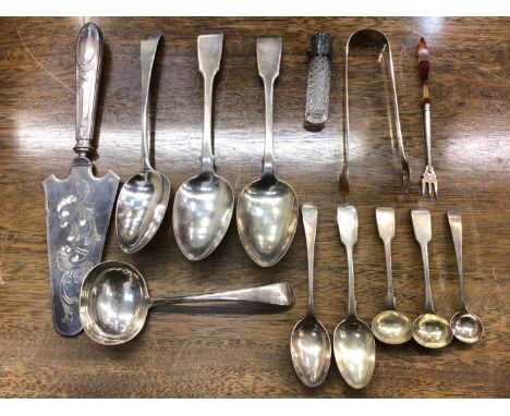 Georgian and later silver flatware together with a Victorian agate handled pickle fork