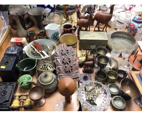 Group metal ware, carved wood ornaments, ceramic figures, vintage cameras, cutlery and sundries 