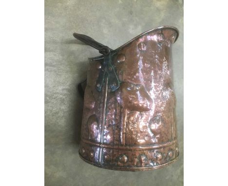 Art Nouveau copper coal bucket, with stylised beaten ornament and wrought iron fittings