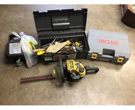 Hedge trimmer, Ryobi drill, electric winch and a box of tools