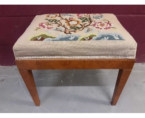 Good quality burr walnut veneered stool with floral tapestry seat on square taper legs, 54cm wide, 41cm deep, 49cm high