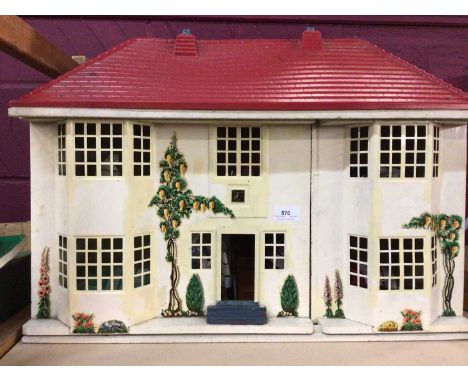Vintage metal dolls house with sliding frontage and plastic furnishings, plus miniature tea ware and dolly's house tea ware