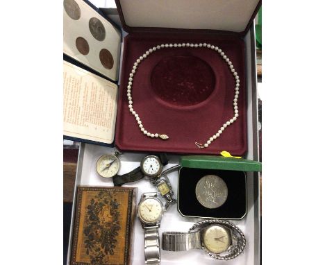 Vintage wristwatches including one silver cased, cultured pearl necklace with 14ct gold clasp, coins and parquetry box