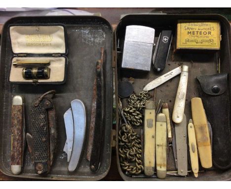 Collection of vintage penknives, mother of pearl and silver fruit knife and other items