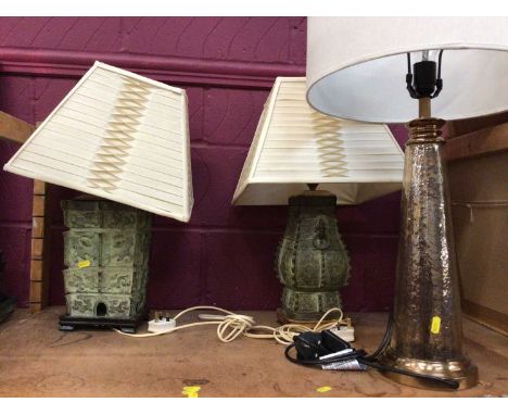 Two cast metal table lamps, conical glass table lamp and blue and white ceramic table lamp plus shade and two Tiffany style c
