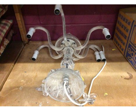 Glass six branch pendant electrolier with candle sconces, plus two matching twin branch wall lights and pendant brass ring li