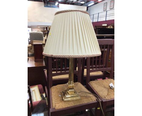 Brass column lamp and shade, 70cm total height