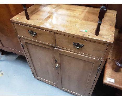 Antique pine cupboard with two short drawers and shelf below enclosed by two panelled doors, 76cm wide, 45.5cm deep, 93cm hig