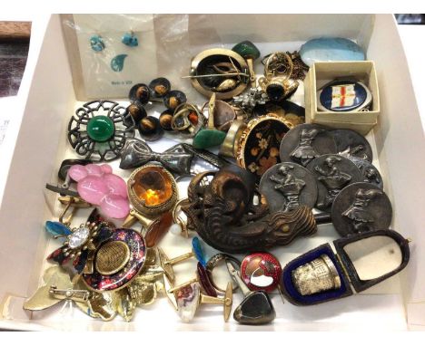 Vintage brooches including Danish silver tigers eye brooch, silver thimble in case, set of six white metal buttons, carved pi