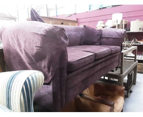 Victorian drop end three seater sofa with purple upholstery, on turned feet and castors, 197cm wide, 80cm high, 90cm deep