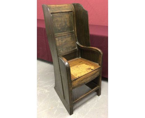 Unusual 19th century painted pine and elm crofters commode chair, with high curved back and hinged seat on square tapered leg