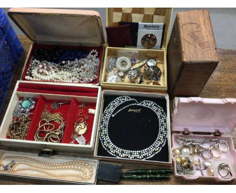 Vintage costume jewellery, bijouterie, two Conway Stewart pens, Churchill cigar box and sundries