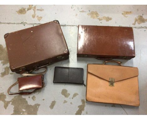 Two vintage leather suitcases and other leather items