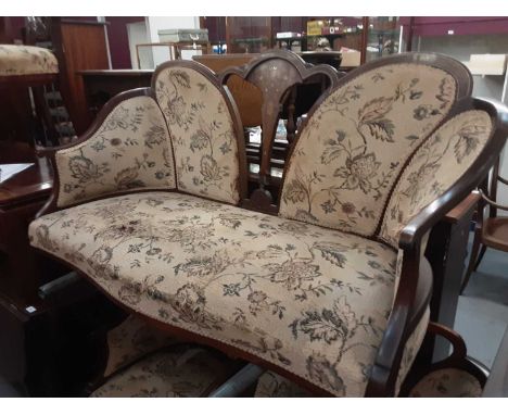 Good quality mahogany framed salon suite with floral tapestry upholstery, comprising two seater sofa, pair of tub chairs, and