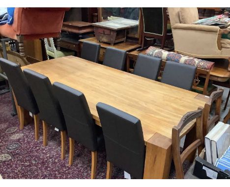 Good quality contemporary light oak dining table on chunky legs, 220cm x 100cm x 76cm high, together with a set of eight high