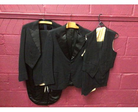 Group of vintage 1930s gentlemen's evening wear including Morning Tail Coat by Hector Powe, Black Morning Tail Coat, Waistcoa