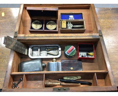 Mahogany writing slope containing vintage razor, pen and sundries