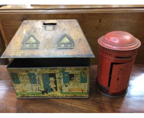 1930s Lucie Attwell Kiddibics Bicky House tin and vintage red post box money tin (2)