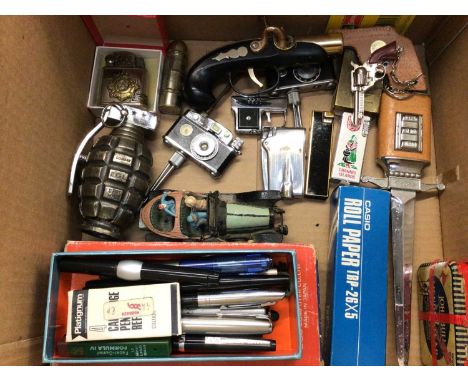 Collection of novelty lighters, vintage tape recorder, badges, pins, various pens including Parker and sundries including add