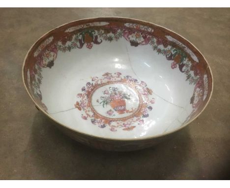 18th century Chinese Canton enamel punch bowl, together with Staffordshire figures and Italian ceramic model of a cockatoo