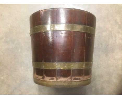 19th century brass bound mahogany bucket, together with an oil lamp on stand, a student brass lamp, electric clock with Rolls