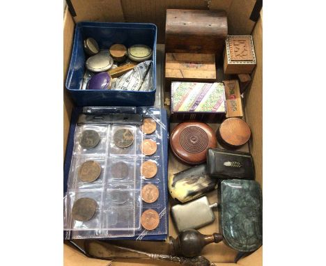 Group trinket boxes, small vintage compacts, coins and sundries