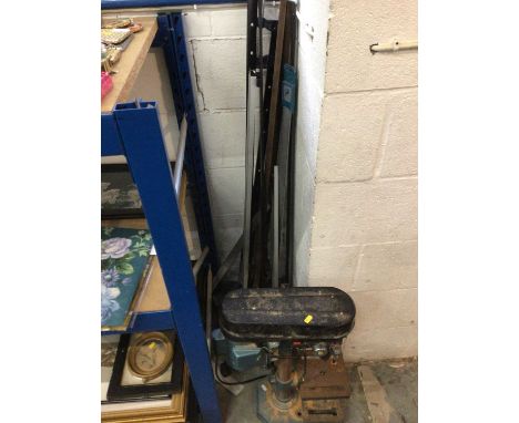 Quantity of tools, including a Clarke CDP 5DC bench drill, a Kinzo saw, Bosch drill and planer, clamps, etc
