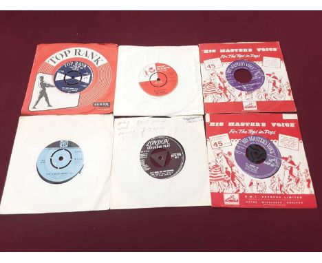 Vintage case of single records including Elvis Presley 45-POP 359 (silver x 2), Eddie Cochran (Tri 45 HL U 8386), Billy Ward 