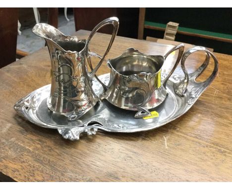 Art Nouveau WMF sugar bowl, milk jug and matching tray