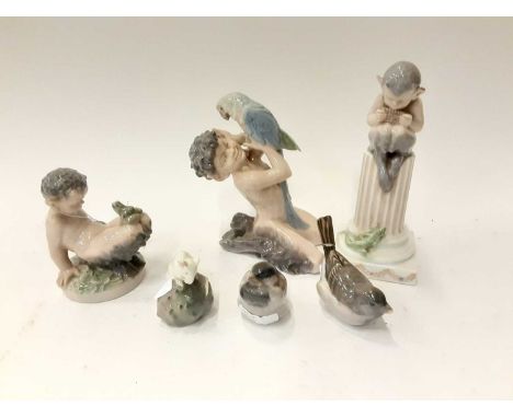 Three Royal Copenhagen fawn figures, including model numbers 1020/433, 752 and 1713, together with two birds and a mouse (6)C