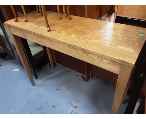 Modern light oak console table on square taper legs, 122cm wide, 46cm deep, 96cm high
