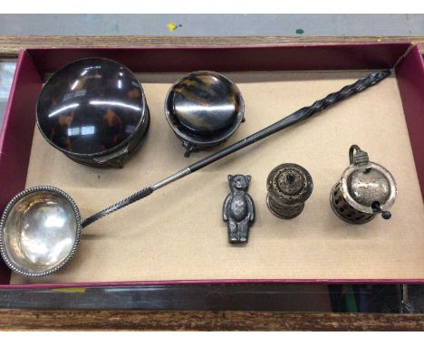 Silver toddy ladle, two silver and tortoise shell trinket boxes, two silver cruets and silver bear rattleCondition report: Th