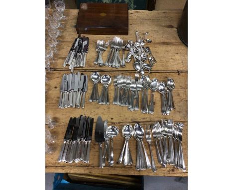 Art Deco style silver plated service of cutlery, together with another service and other plateware