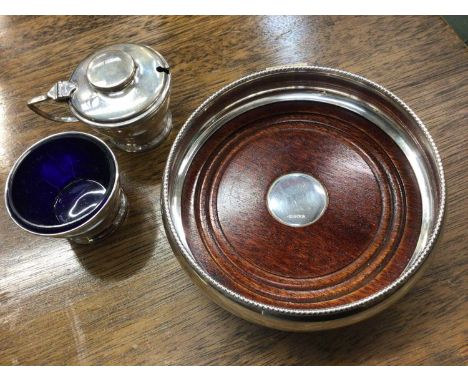 Silver wine coaster and two silver condimentsCondition report: Wine coaster- contemporary, very good condition. Hallmarked Bi