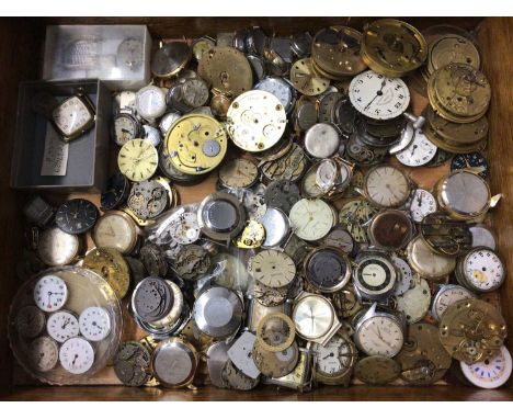 Collection of vintage wristwatch and pocket watch parts and movements in wooden box