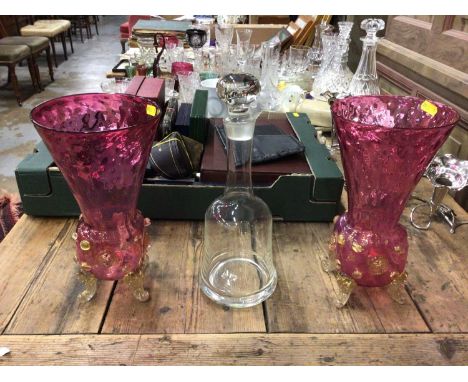 Pair of Venetian/Murano cranberry glass vases with gold aventurine lions mask prunts, together with a glass bell shape decant