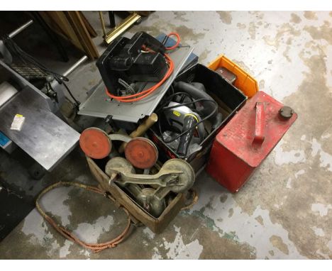Black and Decker circular saw in box, Bosch saw bench, vintage fuel can and other tools