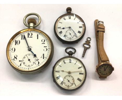 Vintage 9ct gold watch, silver cased pocket watch, one other and a Goliath pocket watch (4)