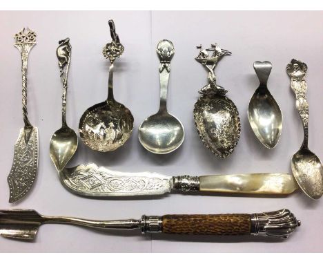 Danish silver caddy spoon, together with other Continental silver cutlery, Stilton scoop, mother of pearl handled cheese knif