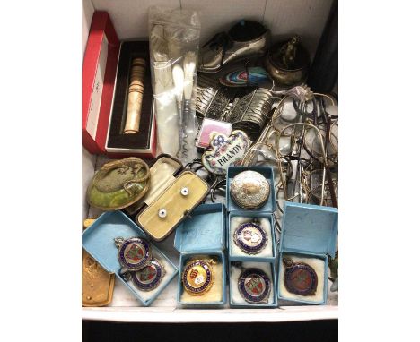 Lot vintage spectacles, pin cushions and other sewing accessories, white metal cuff bracelet, cycling medals and sundries