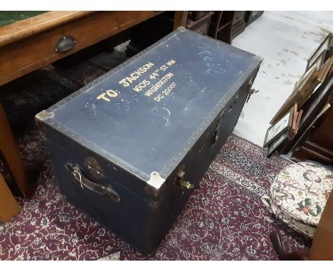 Old metal bound trunk, 99.5cm wide, 51.5cm deep, 52.5cm high