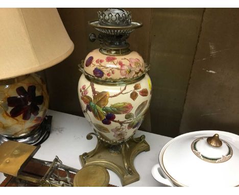 Early 20th century ceramic and brass oil lamp decorated with brambles
