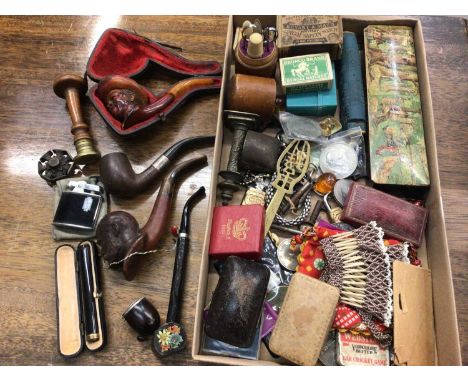 Group of pipes, coins, three empty antique jewellery boxes, vintage sewing set and other items
